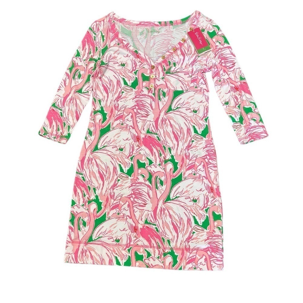 LILLY PULITZER Womens XS Pink Colony Flamingo Print Cotton Palmetto Shif…
